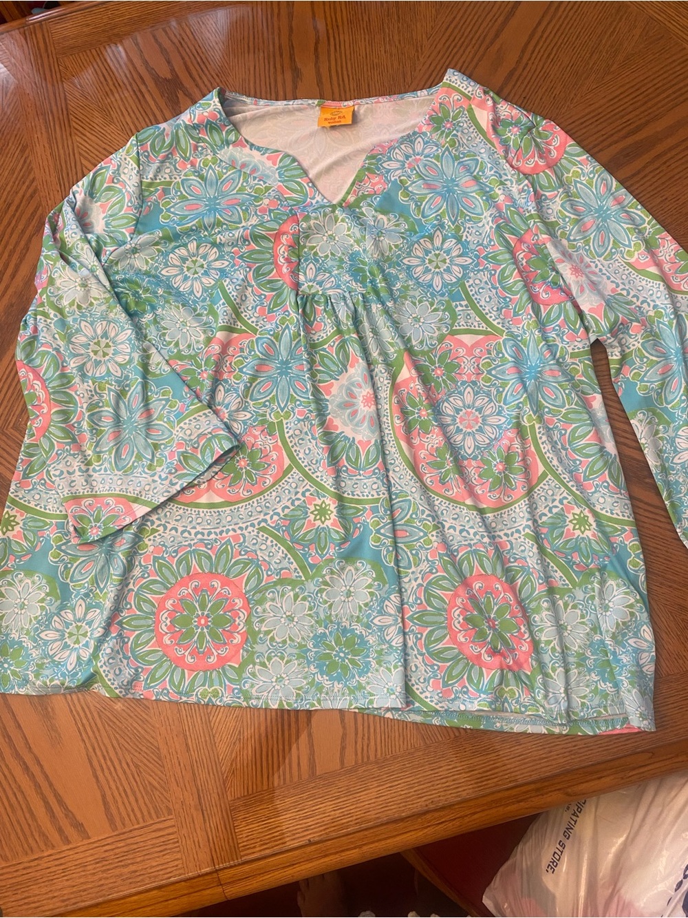 Ruby Rd. Mint Green & Coral Medallion Split-Neck Tunic - Picture 2 of 3